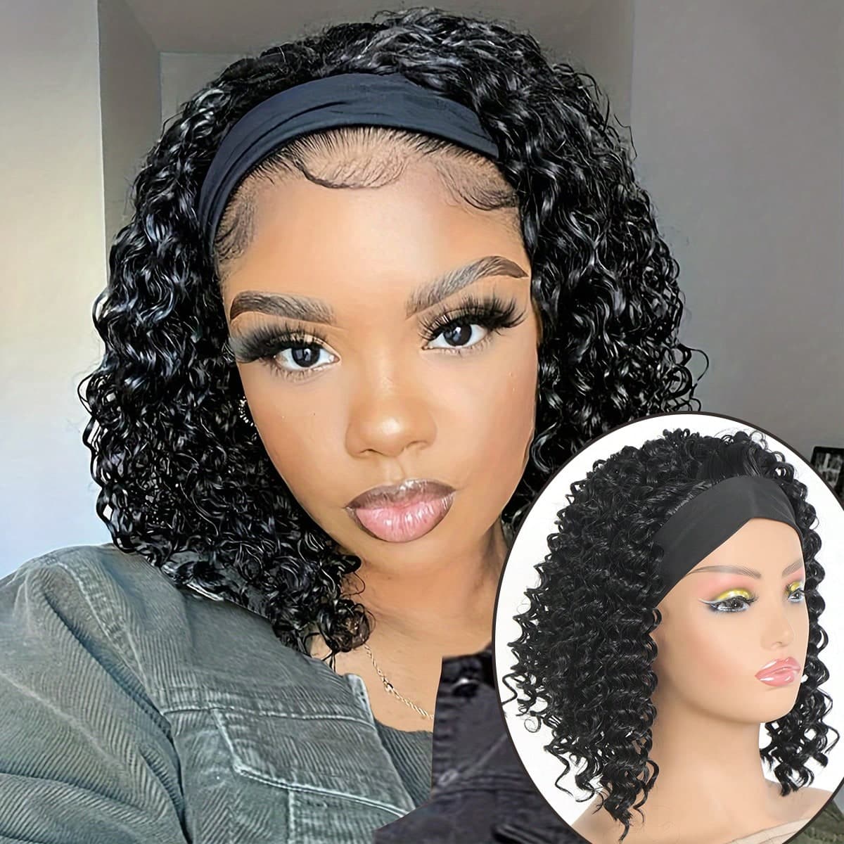 Perruque De Bandeau En Vague Profonde En Cheveux Synthétiques, Perruques Courtes Bouclées En Bandeau Pour Femmes, Perruque Machine Noire Naturelle
