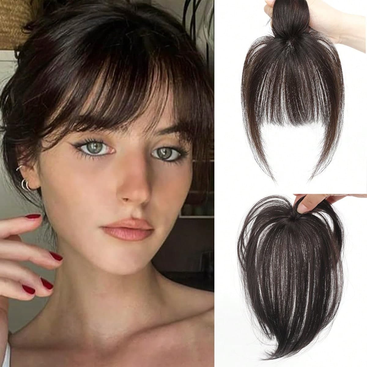 Perruque à circulation d'air 8 pouces pour femmes avec frange 3D fausse naturelle et patch de cheveux fins à la couronne